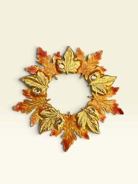 KC Signed Autumn Leaf Wreath Brooch Orange Enamel Rhinestone Gold Tone Pin